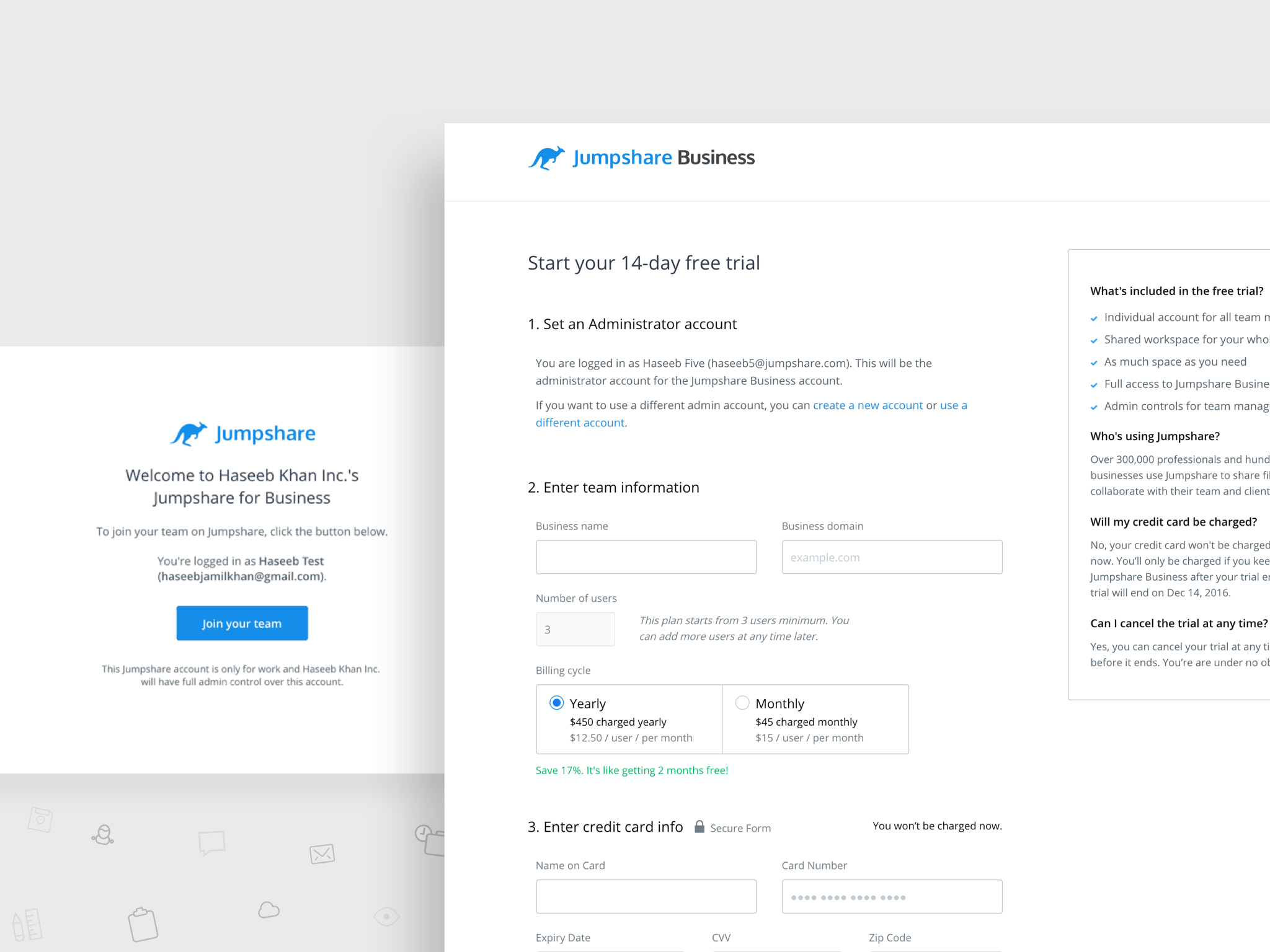 Jumpshare Business checkout — moving prospects cleanly into purchase