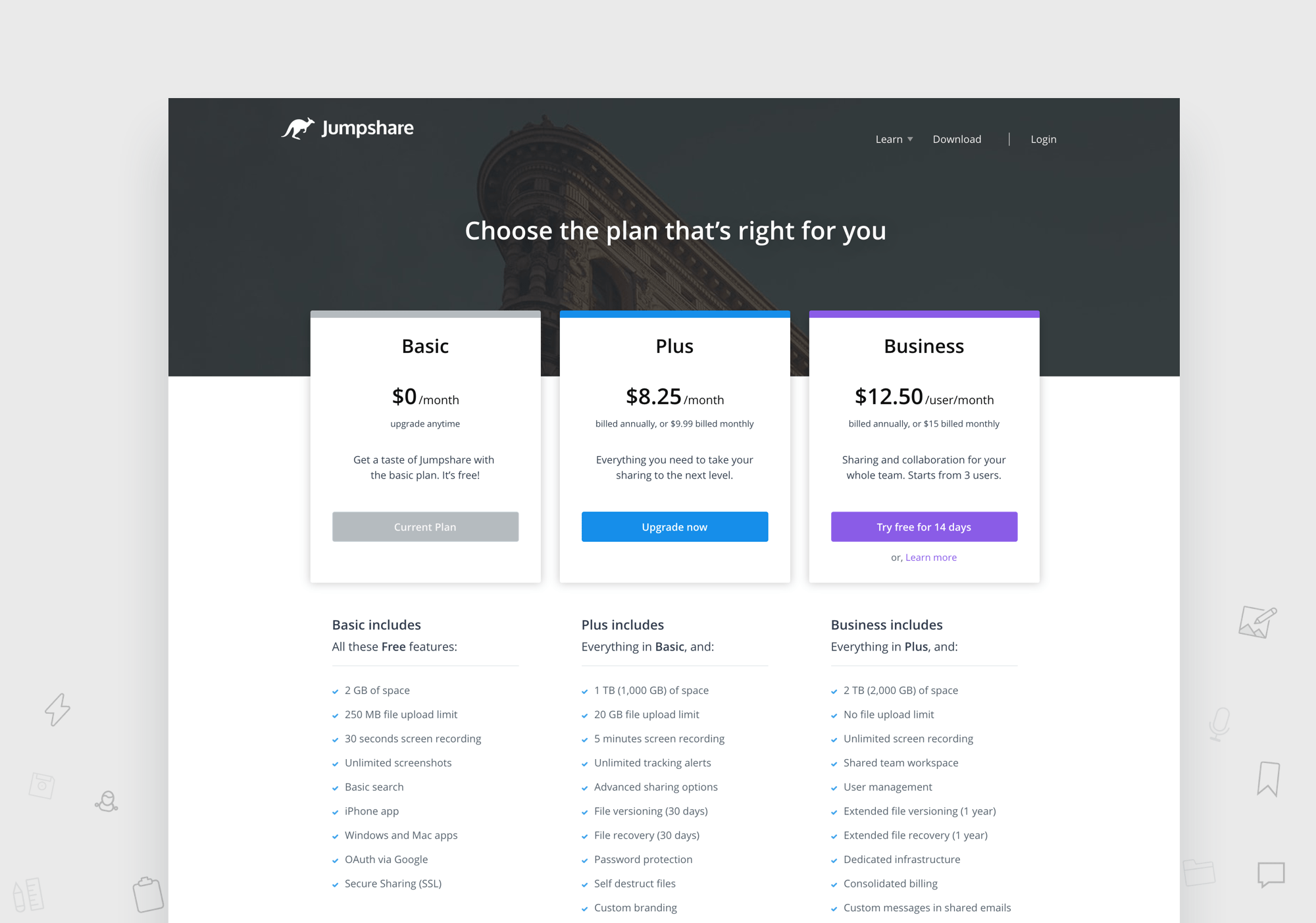 Jumpshare pricing page — clarifying plan value and feature comparison