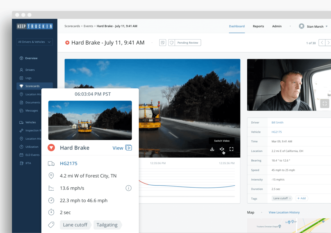 Smart Dashcam — fleet manager view with dual-facing camera UI